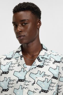 Chemise Relaxed en popeline de coton imprim&eacute;e, Blanc