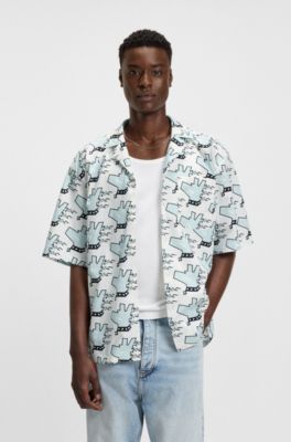Relaxed-fit shirt in printed cotton poplin, White