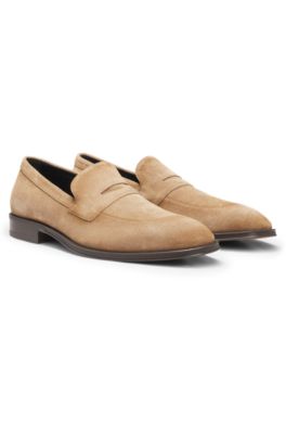Italian-made suede loafers with penny trim, Beige