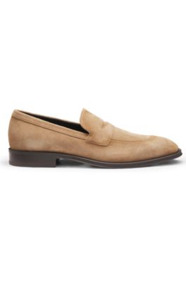 Italian-made suede loafers with penny trim, Beige