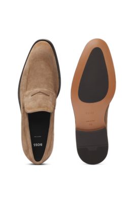 Italian-made suede loafers with penny trim, Beige