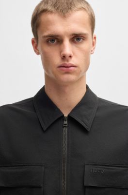 Oversize-fit overshirt in water-repellent seersucker, Black