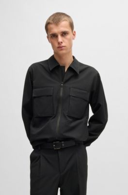 Oversize-fit overshirt in water-repellent seersucker, Black