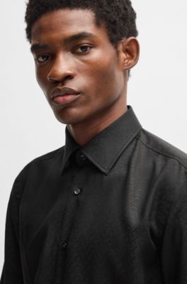 Camisa slim fit en jacquard con motivo de hojas, Negro