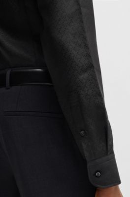 Camisa slim fit en jacquard con motivo de hojas, Negro