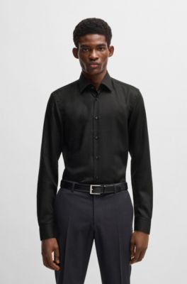 Camisa slim fit en jacquard con motivo de hojas, Negro