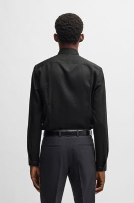 Camisa slim fit en jacquard con motivo de hojas, Negro