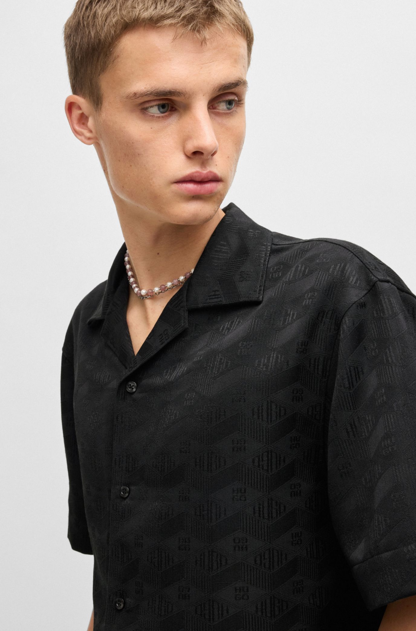 HUGO - Oversize-fit shirt in geometric-logo jacquard - Black