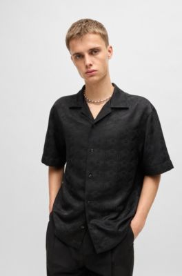 Camisa oversize fit en jacquard con logo geom&eacute;trico, Negro