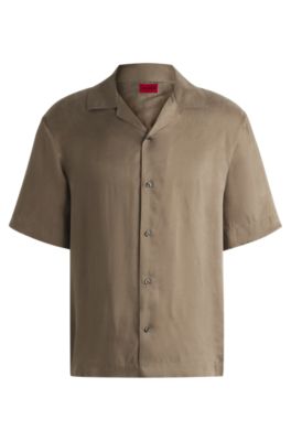 Camisa relaxed fit de sarga brillante, Marr&oacute;n