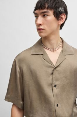 Camisa relaxed fit de sarga brillante, Marr&oacute;n