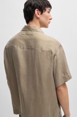 Camisa relaxed fit de sarga brillante, Marr&oacute;n