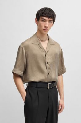 Camisa relaxed fit de sarga brillante, Marr&oacute;n