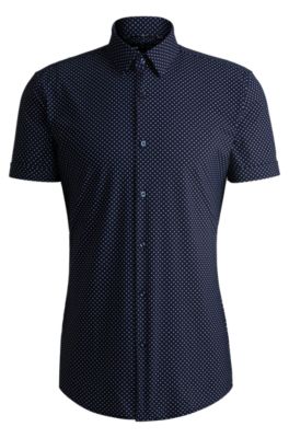 Camisa slim fit en punto t&eacute;cnico el&aacute;stico estampado, Azul oscuro