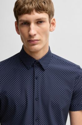 Camisa slim fit en punto t&eacute;cnico el&aacute;stico estampado, Azul oscuro