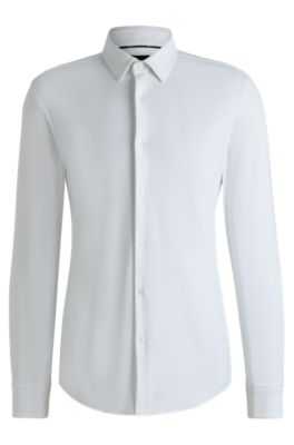 Camisa slim fit en punto el&aacute;stico t&eacute;cnico estructurado, Blanco