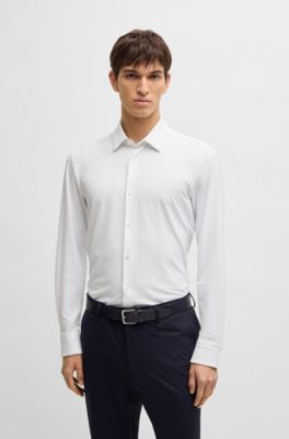 Camisa slim fit en punto el&aacute;stico t&eacute;cnico estructurado, Blanco