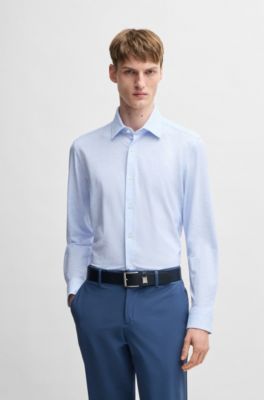 Slim-fit shirt in printed performance fabric, Light Blue