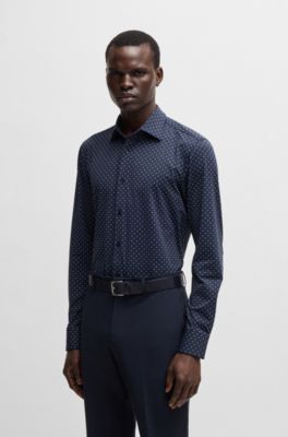 Camisa slim fit de tejido el&aacute;stico t&eacute;cnico con estampado geom&eacute;trico, Azul oscuro