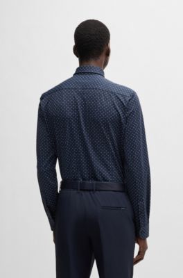Camisa slim fit de tejido el&aacute;stico t&eacute;cnico con estampado geom&eacute;trico, Azul oscuro