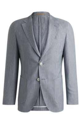 Slim-fit blazer in striped wool and linen, Light Blue