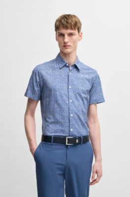 Slim-fit shirt in floral-print performance fabric, Dark Blue