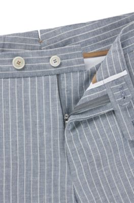 Slim-fit trousers in striped wool and linen, Light Blue