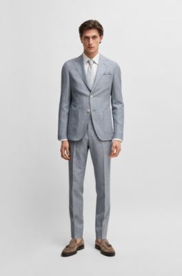 Slim-fit trousers in striped wool and linen, Light Blue