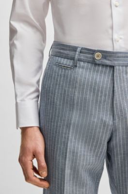 Slim-fit trousers in striped wool and linen, Light Blue
