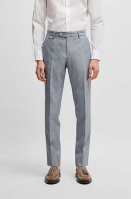 Slim-fit trousers in striped wool and linen, Light Blue