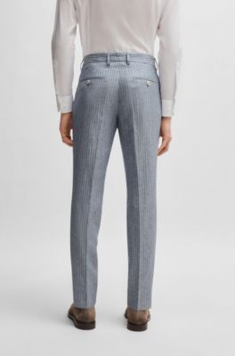 Slim-fit trousers in striped wool and linen, Light Blue