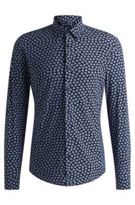 Chemise slim en jersey stretch performant avec imprim&eacute; &agrave; fleurs, Bleu fonc&eacute;