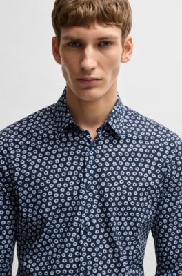Chemise slim en jersey stretch performant avec imprim&eacute; &agrave; fleurs, Bleu fonc&eacute;