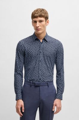 Chemise slim en jersey stretch performant avec imprim&eacute; &agrave; fleurs, Bleu fonc&eacute;