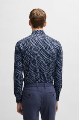 Chemise slim en jersey stretch performant avec imprim&eacute; &agrave; fleurs, Bleu fonc&eacute;