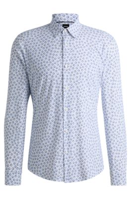 Chemise slim en jersey stretch performant avec imprim&eacute; &agrave; fleurs, bleu clair