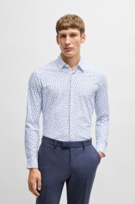 Chemise slim en jersey stretch performant avec imprim&eacute; &agrave; fleurs, bleu clair