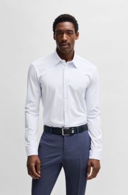 Slim-fit shirt in a printed cotton blend, Light Blue