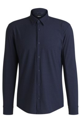 Slim-fit shirt in printed performance-stretch jersey, Dark Blue