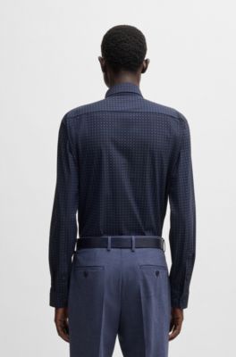 Slim-fit shirt in printed performance-stretch jersey, Dark Blue