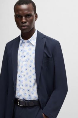 Camisa slim fit de algod&oacute;n con estampado de flores, Celeste