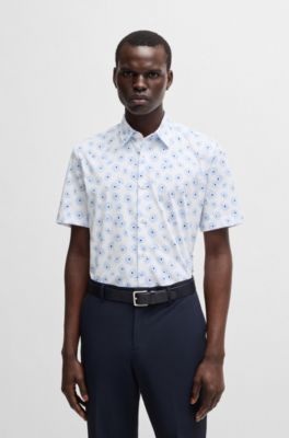 Slim-fit shirt in a floral-print cotton blend, Light Blue