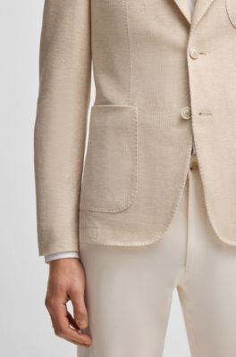 Slim-fit blazer in patterned linen and cotton, White