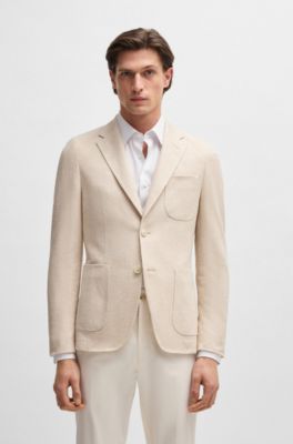 Blazer slim fit de lino y algod&oacute;n con dibujo, Blanco