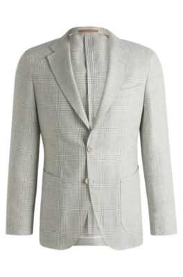 Blazer slim fit de lino y lana a cuadros, Gris claro