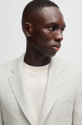 Blazer slim fit de lino y lana a cuadros, Gris claro