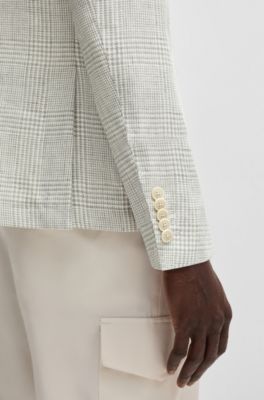 Blazer slim fit de lino y lana a cuadros, Gris claro