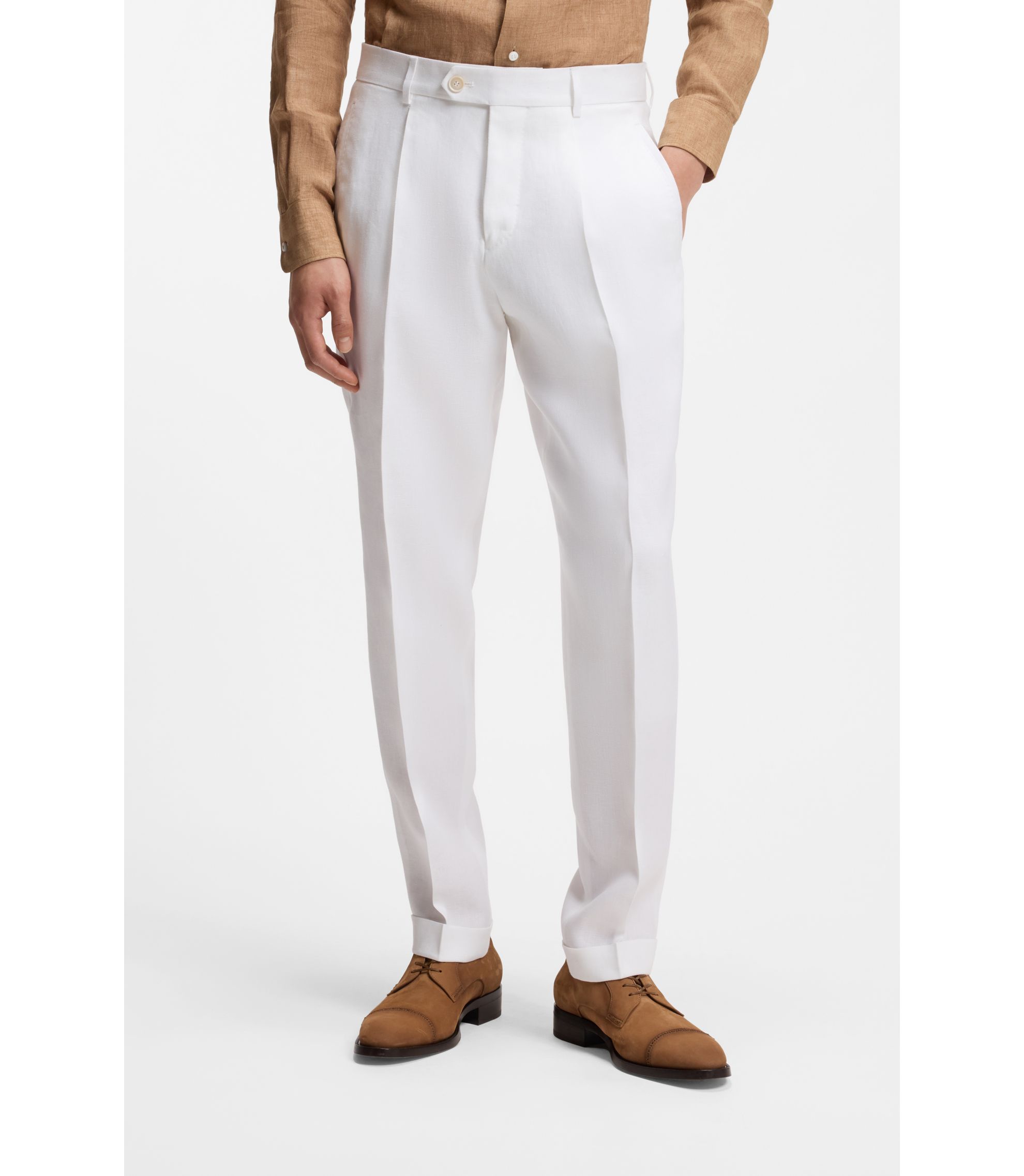 BOSS - Regular-fit trousers in wrinkle-resistant linen - White