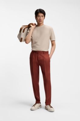 Pantalones regular fit en lino resistente a las arrugas, Marr&oacute;n