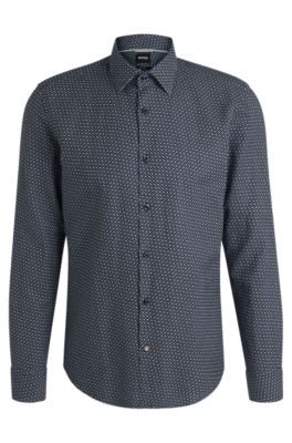 Casual-fit shirt in monogram-print linen-cotton chambray, Dark Blue